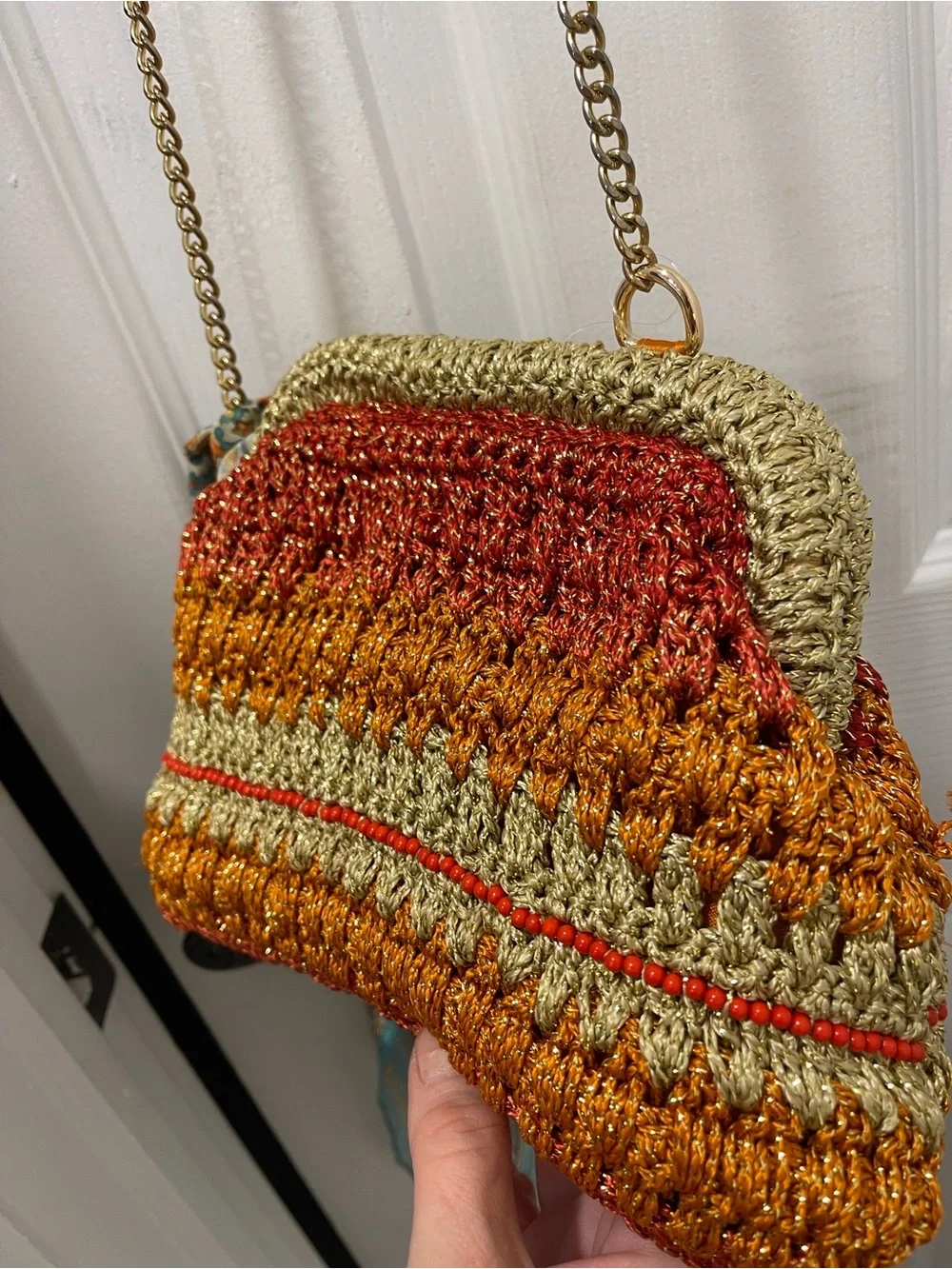 Free People Crocheted Crossbody Bag in Red, Orange, Tan - Picture 3 of 12